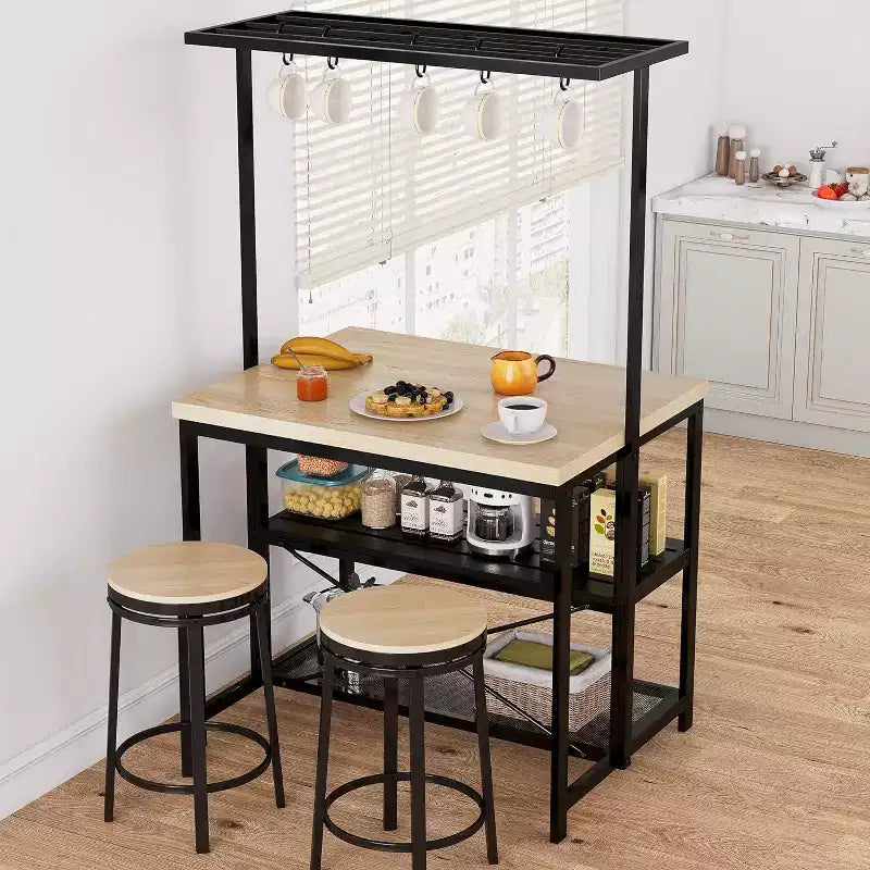 Isola da Cucina da 42" - Mobile per Microonde e Scaffale per Panettiere con Scaffali a 3 Livelli, 5 Ganci e Piano Rimovibile (Naturale)