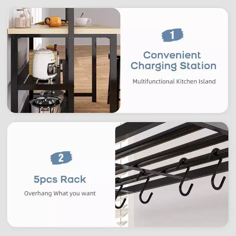 Isola da Cucina da 42" - Mobile per Microonde e Scaffale per Panettiere con Scaffali a 3 Livelli, 5 Ganci e Piano Rimovibile (Naturale)