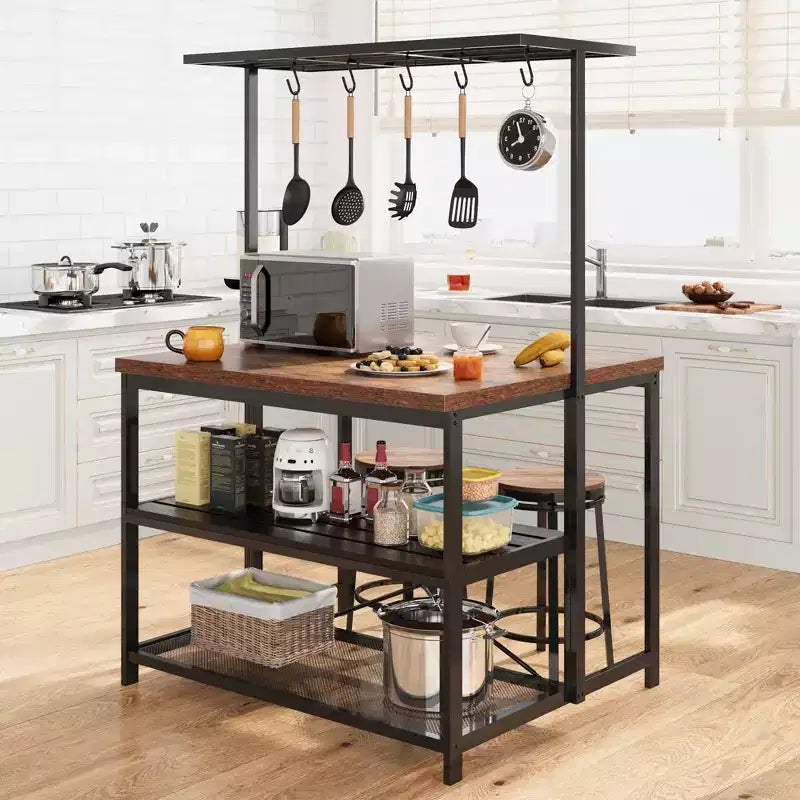 Isola da Cucina da 42" - Mobile per Microonde e Scaffale per Panettiere con Scaffali a 3 Livelli, 5 Ganci e Piano Rimovibile (Naturale)
