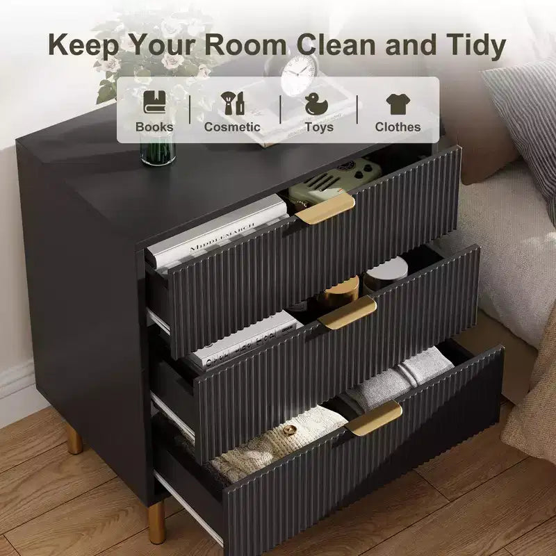 Comò Nero, Comò Moderno a 3 Cassetti per Camera da Letto con Maniglia Dorata e Cassetto Grande