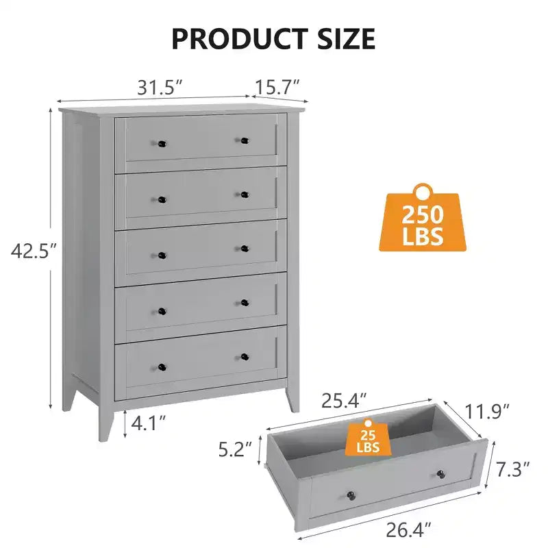 Comò a 5 cassetti GustoWave, organizer in legno con cassetti per camera da letto, soggiorno, ingresso, grigio