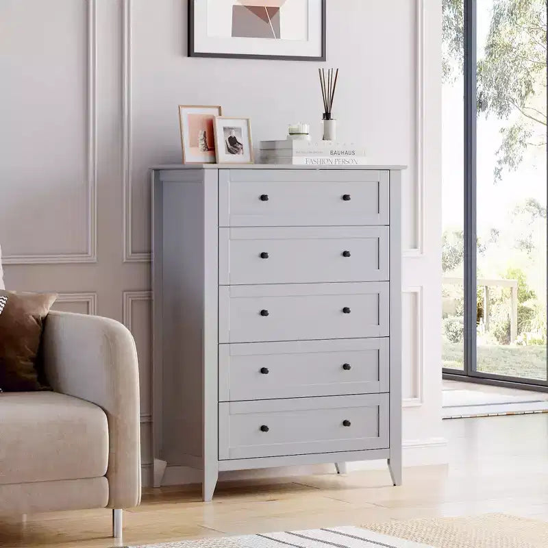 Comò a 5 cassetti GustoWave, organizer in legno con cassetti per camera da letto, soggiorno, ingresso, grigio