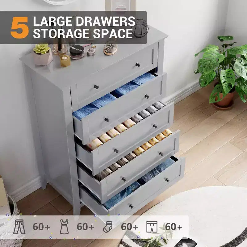 Comò a 5 cassetti GustoWave, organizer in legno con cassetti per camera da letto, soggiorno, ingresso, grigio