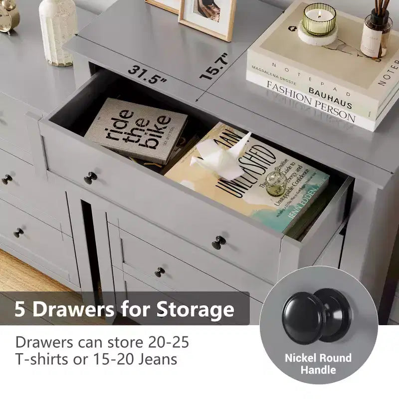 Comò a 5 cassetti GustoWave, organizer in legno con cassetti per camera da letto, soggiorno, ingresso, grigio