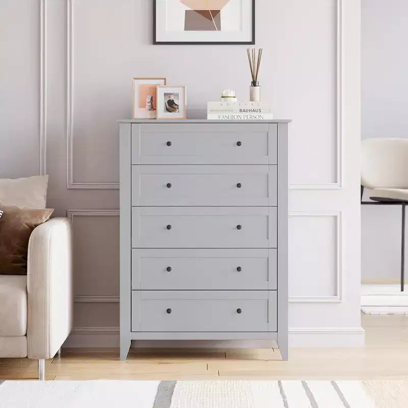 Comò a 5 cassetti GustoWave, organizer in legno con cassetti per camera da letto, soggiorno, ingresso, grigio