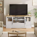 TV Stand Fits TV up to 72'', Wave Pattern Entertainment Center with 2 Glass Door Cabinets, TV Media Console with 2 Open Doors (Natural+White)