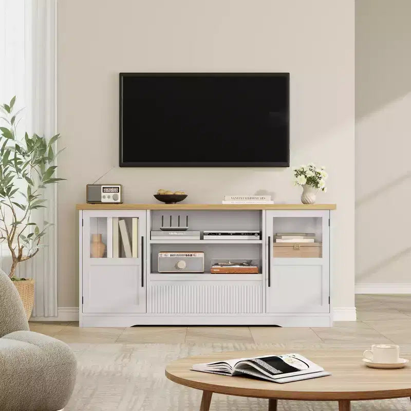 Mobile TV adatto per televisori fino a 72'', Mobile TV con motivo a onde e 2 ante in vetro, Consolle TV multimediale con 2 ante aperte (Naturale+Bianco)