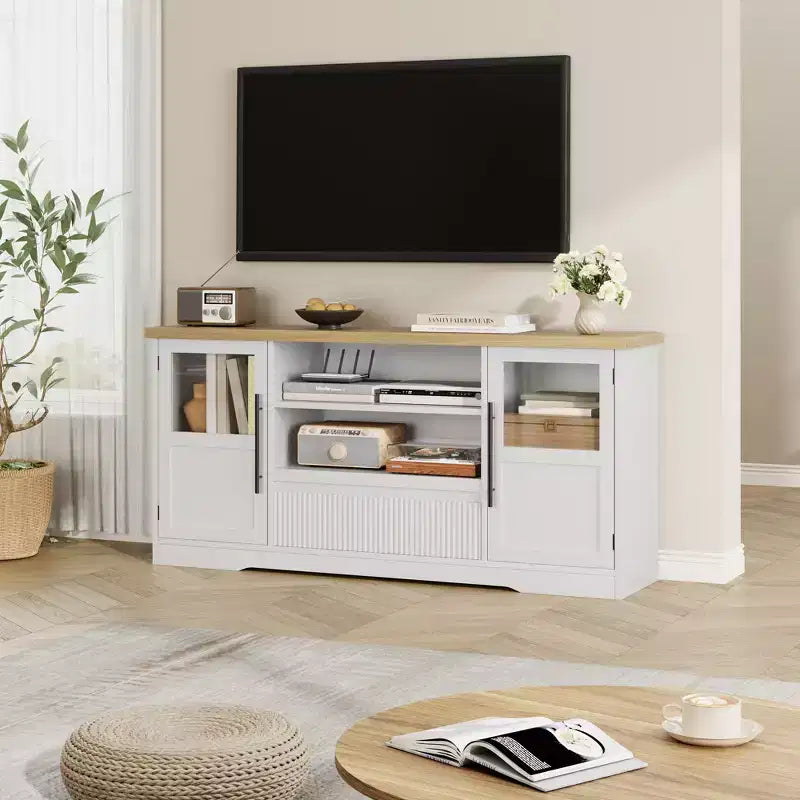 Mobile TV adatto per televisori fino a 72'', Mobile TV con motivo a onde e 2 ante in vetro, Consolle TV multimediale con 2 ante aperte (Naturale+Bianco)