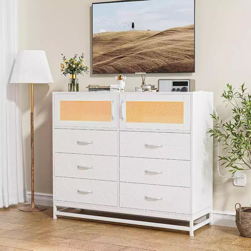 Acekool Cassettiera a 6 cassetti con mobiletto a 2 ante, Comò alto con stazione di ricarica, Mobile contenitore moderno per camera da letto, soggiorno, ingresso, ripostiglio