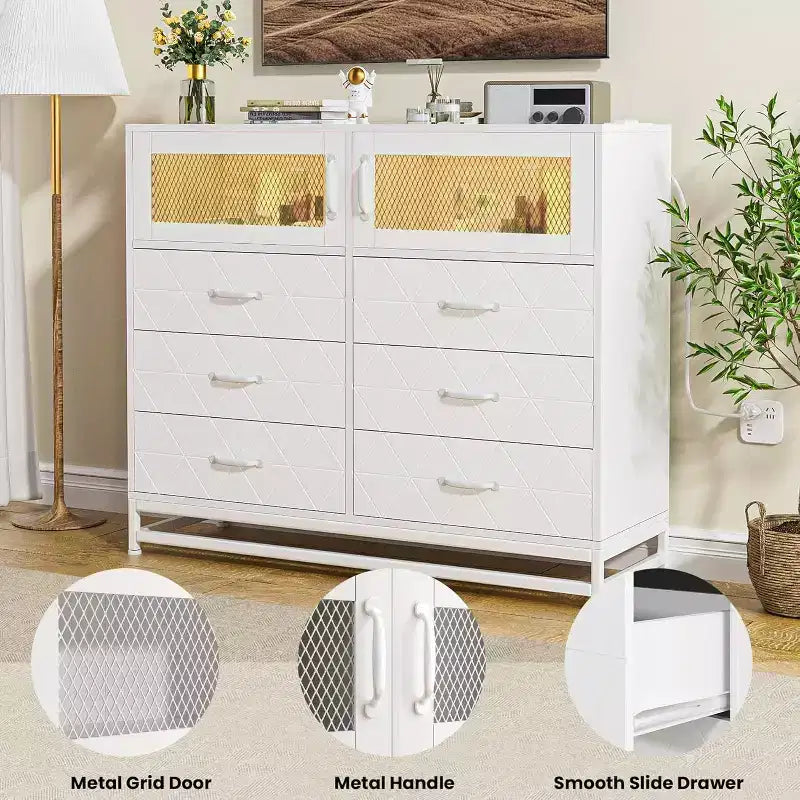Acekool Cassettiera a 6 cassetti con mobiletto a 2 ante, Comò alto con stazione di ricarica, Mobile contenitore moderno per camera da letto, soggiorno, ingresso, ripostiglio