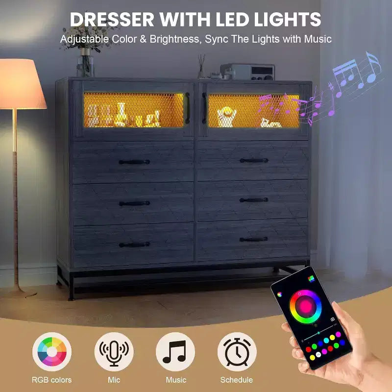 Acekool Cassettiera a 6 cassetti con mobiletto a 2 ante, Comò alto con stazione di ricarica, Mobile contenitore moderno per camera da letto, soggiorno, ingresso, ripostiglio