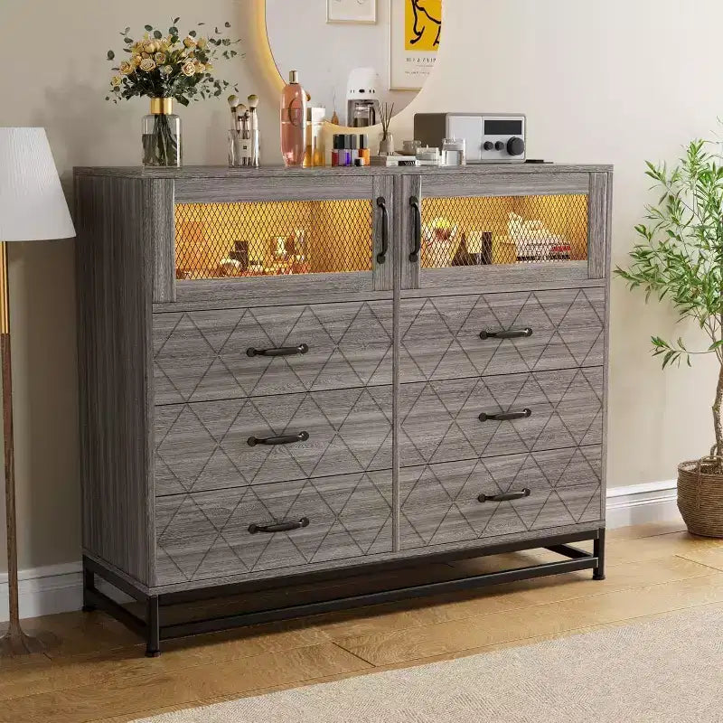 Acekool 6 Drawer Dresser with 2 Door Cabinet, Tall Organizer Chest with Power Station, Modern Storage for Bedroom, Living Room, Hallway, Closet