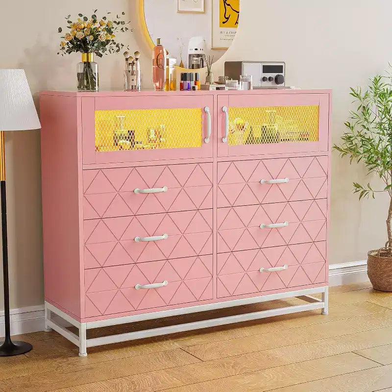 Acekool Cassettiera a 6 cassetti con mobiletto a 2 ante, Comò alto con stazione di ricarica, Mobile contenitore moderno per camera da letto, soggiorno, ingresso, ripostiglio