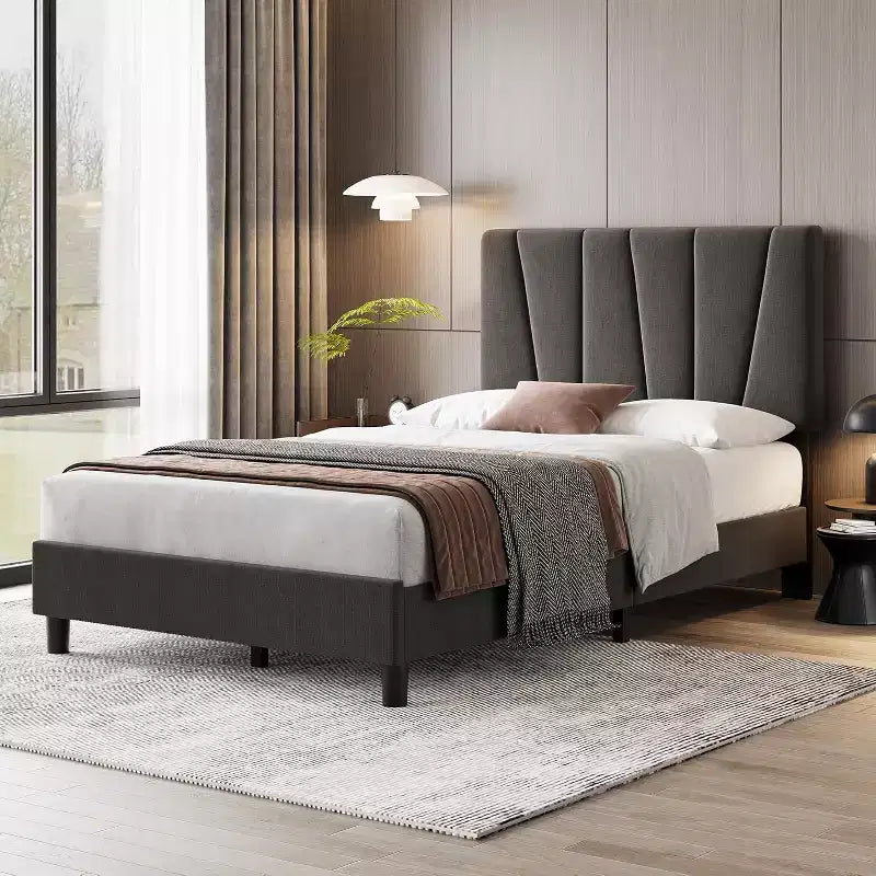 Struttura Letto Singolo con Testiera Regolabile, Struttura Letto Imbottita in Lino con Robuste Doghe in Legno, Base Materasso, Grigio Scuro