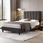 Struttura Letto Singolo con Testiera Regolabile, Struttura Letto Imbottita in Lino con Robuste Doghe in Legno, Base Materasso, Grigio Scuro