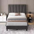 Struttura Letto Singolo con Testiera Regolabile, Struttura Letto Imbottita in Lino con Robuste Doghe in Legno, Base Materasso, Grigio Scuro