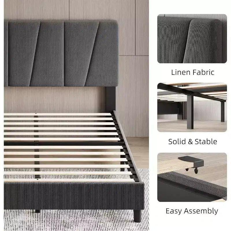Struttura Letto Singolo con Testiera Regolabile, Struttura Letto Imbottita in Lino con Robuste Doghe in Legno, Base Materasso, Grigio Scuro