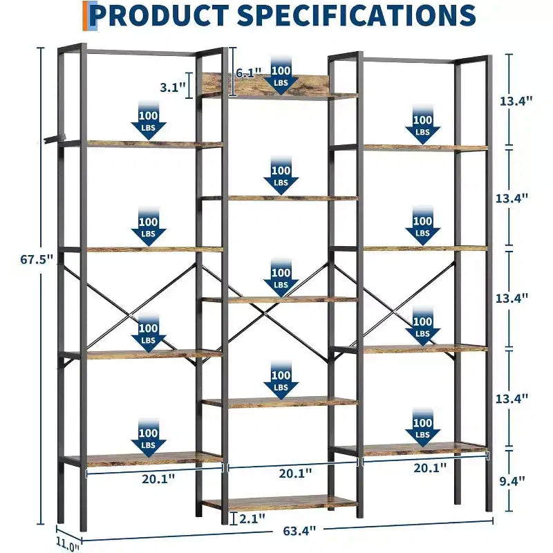 Acekool Scaffale a tre colonne a 5 ripiani, 14 ripiani regolabili, ampia libreria industriale per soggiorno, ufficio, marrone rustico