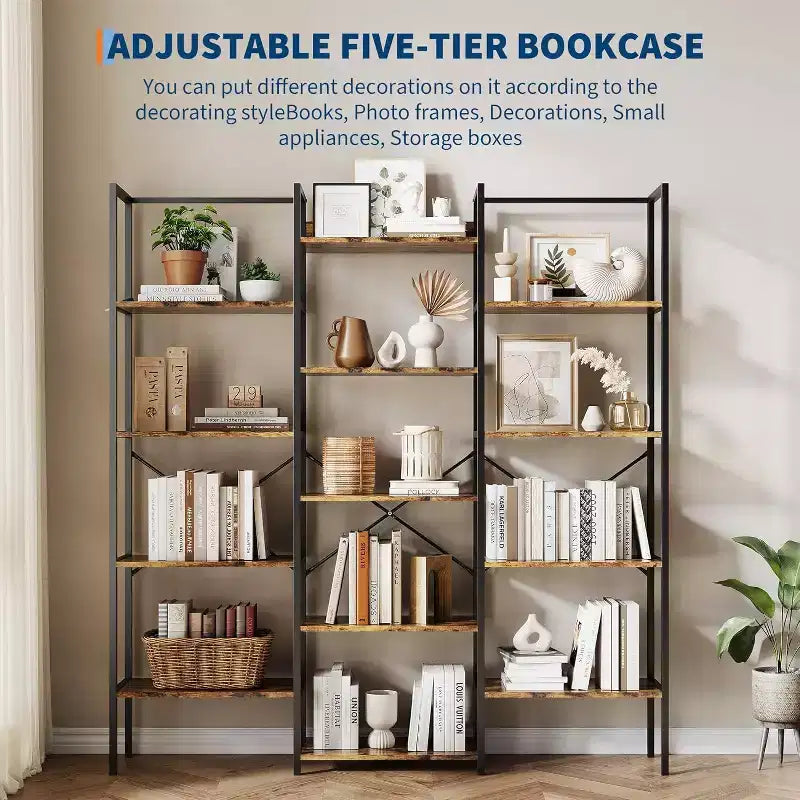 Acekool Scaffale a tre colonne a 5 ripiani, 14 ripiani regolabili, ampia libreria industriale per soggiorno, ufficio, marrone rustico