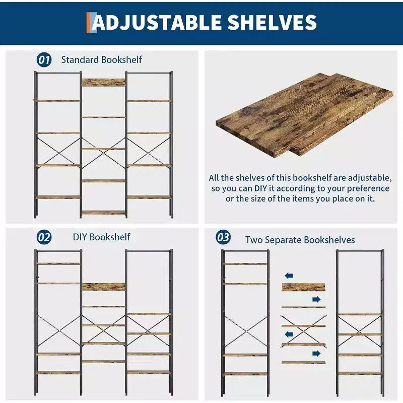 Acekool Scaffale a tre colonne a 5 ripiani, 14 ripiani regolabili, ampia libreria industriale per soggiorno, ufficio, marrone rustico