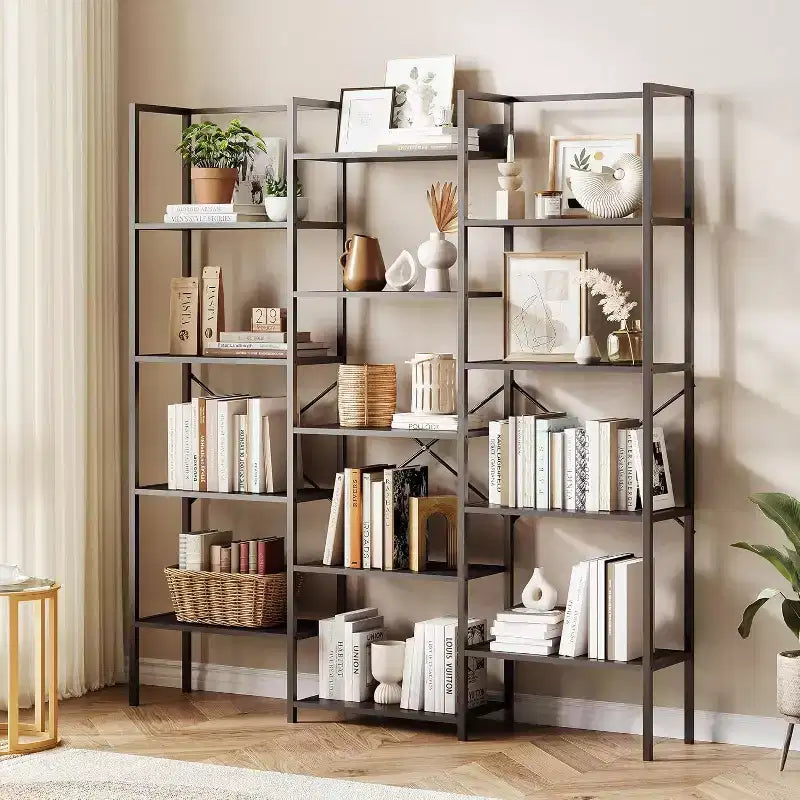 Acekool Scaffale a tre colonne a 5 ripiani, 14 ripiani regolabili, ampia libreria industriale per soggiorno, ufficio, marrone rustico
