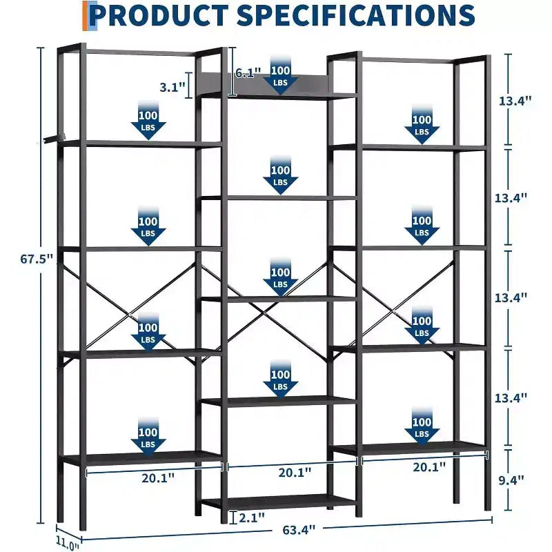 Acekool Scaffale a tre colonne a 5 ripiani, 14 ripiani regolabili, ampia libreria industriale per soggiorno, ufficio, marrone rustico