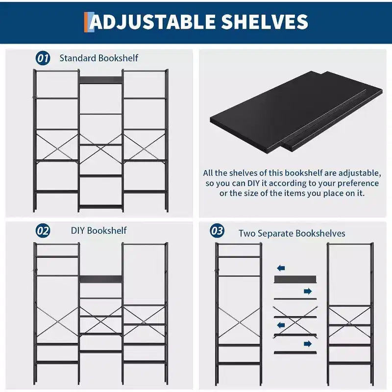 Acekool Scaffale a tre colonne a 5 ripiani, 14 ripiani regolabili, ampia libreria industriale per soggiorno, ufficio, marrone rustico