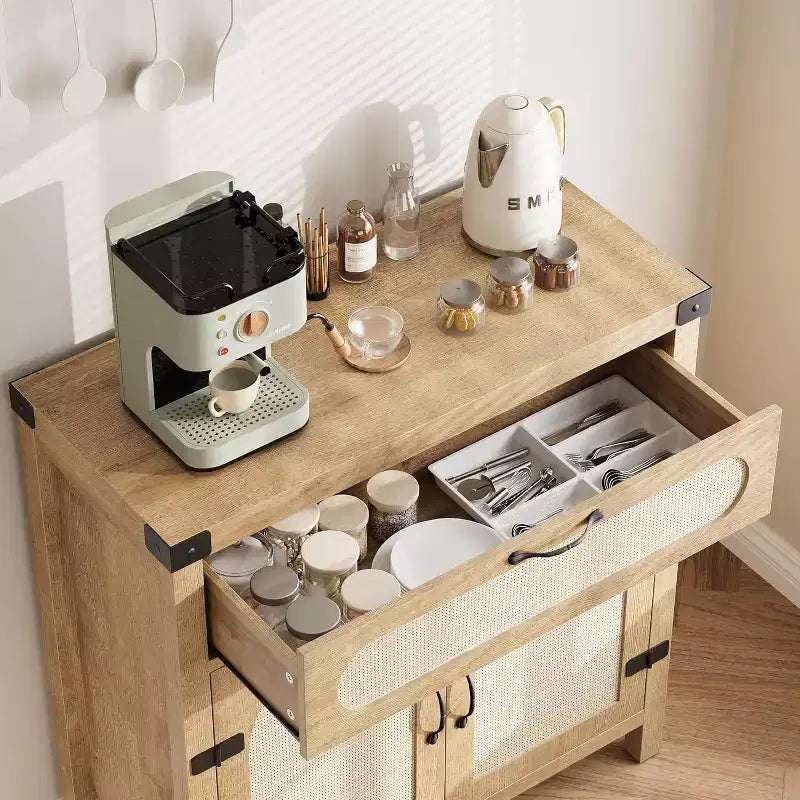 29.9 Piccolo mobile buffet in rattan, Credenza da cucina/angolo caffè con ante e cassetti, ripiani regolabili e maniglie, Stile Boho Farmhouse