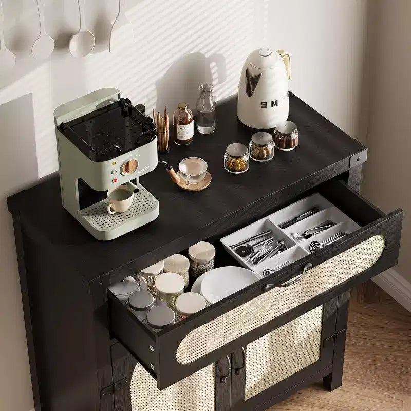 29.9 Piccolo mobile buffet in rattan, Credenza da cucina/angolo caffè con ante e cassetti, ripiani regolabili e maniglie, Stile Boho Farmhouse