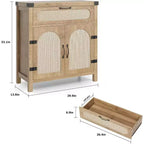 29.9 Piccolo mobile buffet in rattan, Credenza da cucina/angolo caffè con ante e cassetti, ripiani regolabili e maniglie, Stile Boho Farmhouse