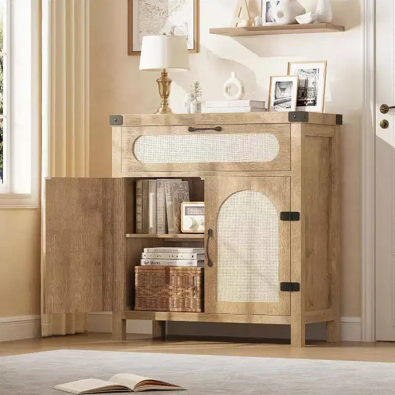 29.9 Piccolo mobile buffet in rattan, Credenza da cucina/angolo caffè con ante e cassetti, ripiani regolabili e maniglie, Stile Boho Farmhouse