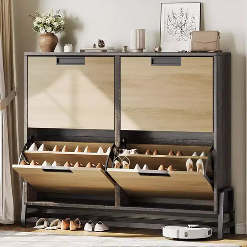 Scarpiera a 4 Cassetti a Ribalta, Organizer Porta Scarpe Stretto per Ingresso, Ripiani Regolabili, Antiribaltamento, Legno di Rovere, Stile Minimalista