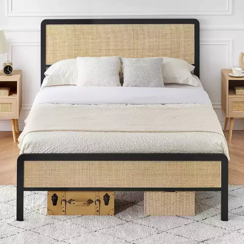 Struttura letto matrimoniale con testiera in rattan, supporto a doghe in metallo, angoli arrotondati, senza rumore, senza bisogno di rete, Quercia bianca