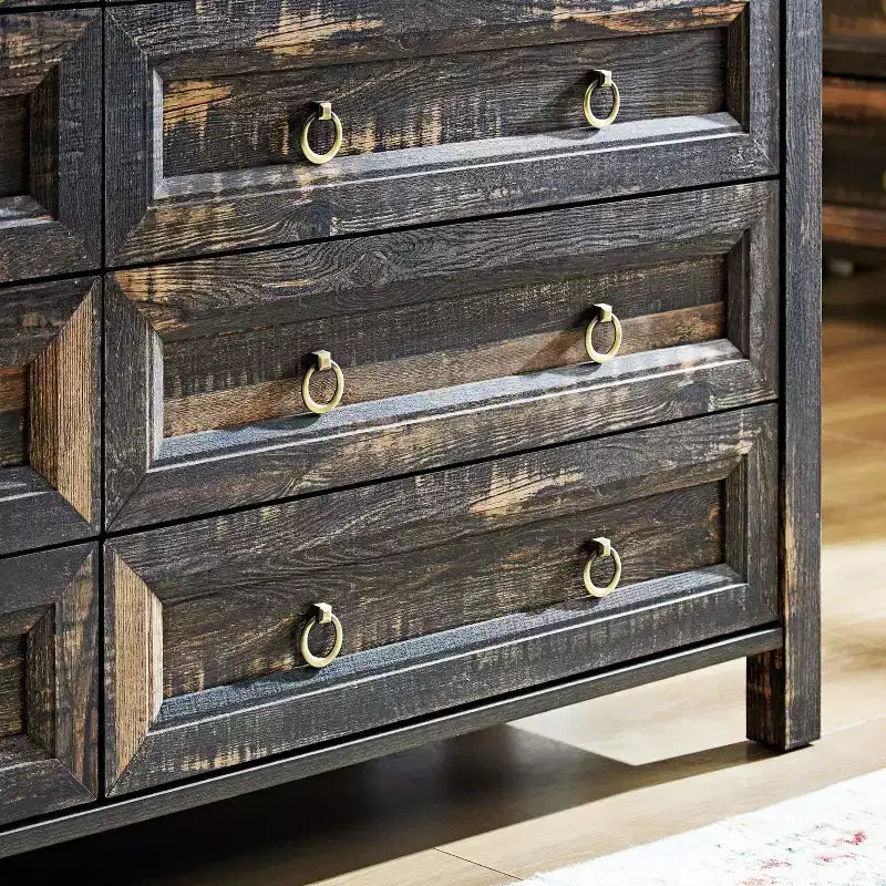 Comò a 6/8 cassetti Okak Farmhouse, armadio contenitore ampio con maniglie in metallo, comò in legno per camera da letto e armadio, quercia scura