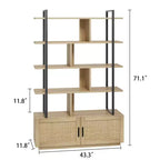 Libreria in Rattan, alta 71,1, scaffale industriale a 5 ripiani con mobiletto e anta, mensole a vista, struttura in metallo, scaffale in stile rustico/boho