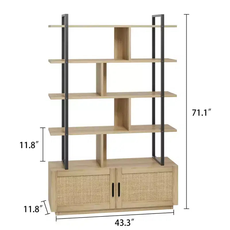Libreria in Rattan, alta 71,1, scaffale industriale a 5 ripiani con mobiletto e anta, mensole a vista, struttura in metallo, scaffale in stile rustico/boho