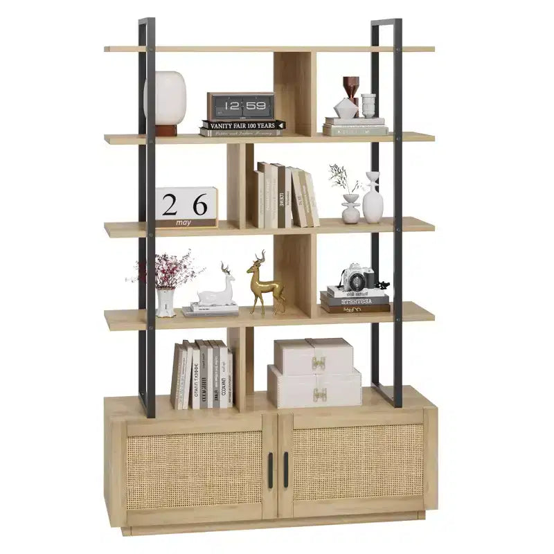 Libreria in Rattan, alta 71,1, scaffale industriale a 5 ripiani con mobiletto e anta, mensole a vista, struttura in metallo, scaffale in stile rustico/boho