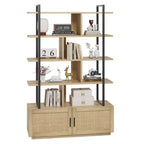 Libreria in Rattan, alta 71,1, scaffale industriale a 5 ripiani con mobiletto e anta, mensole a vista, struttura in metallo, scaffale in stile rustico/boho
