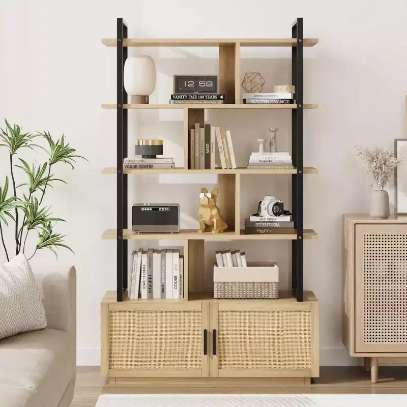 Libreria in Rattan, alta 71,1, scaffale industriale a 5 ripiani con mobiletto e anta, mensole a vista, struttura in metallo, scaffale in stile rustico/boho
