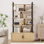 Libreria in Rattan, alta 71,1, scaffale industriale a 5 ripiani con mobiletto e anta, mensole a vista, struttura in metallo, scaffale in stile rustico/boho