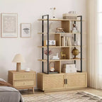 Libreria in Rattan, alta 71,1, scaffale industriale a 5 ripiani con mobiletto e anta, mensole a vista, struttura in metallo, scaffale in stile rustico/boho
