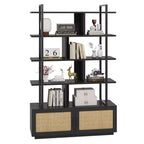 Libreria in Rattan, alta 71,1, scaffale industriale a 5 ripiani con mobiletto e anta, mensole a vista, struttura in metallo, scaffale in stile rustico/boho
