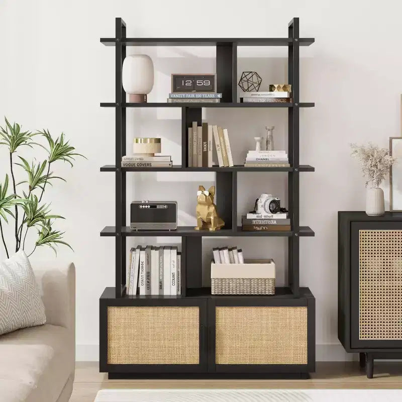 Libreria in Rattan, alta 71,1, scaffale industriale a 5 ripiani con mobiletto e anta, mensole a vista, struttura in metallo, scaffale in stile rustico/boho