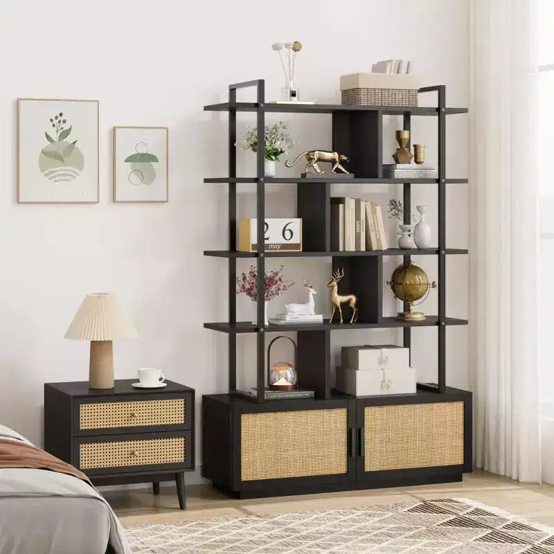 Libreria in Rattan, alta 71,1, scaffale industriale a 5 ripiani con mobiletto e anta, mensole a vista, struttura in metallo, scaffale in stile rustico/boho