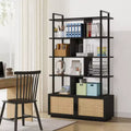 Rattan Bookshelf 71.1 Tall  5 Tier Industrial Bookcase with Storage Cabinet & Door, Open Display Shelves, Metal Frame  Farmhouse Boho Shelf