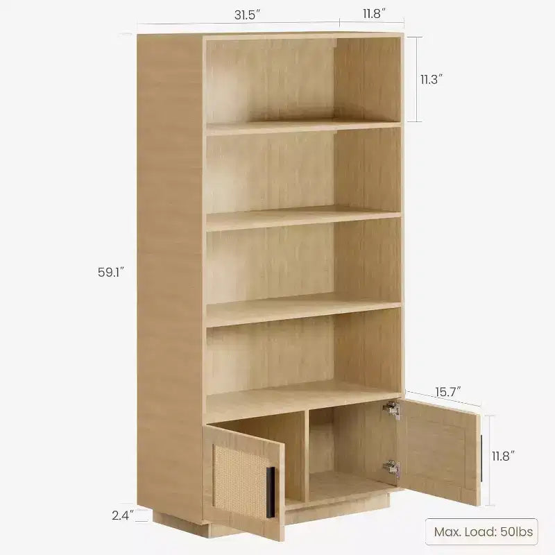 Libreria a 5 Ripiani in Legno con Ante in Rattan - Scaffale Boho Alto 160 cm con Mobile Contenitore in Legno Naturale e Rattan Intrecciato