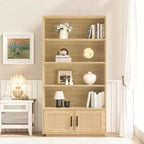 Libreria a 5 Ripiani in Legno con Ante in Rattan - Scaffale Boho Alto 160 cm con Mobile Contenitore in Legno Naturale e Rattan Intrecciato