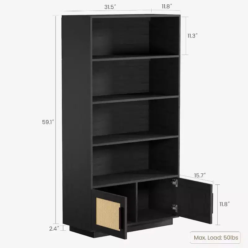 Libreria a 5 Ripiani in Legno con Ante in Rattan - Scaffale Boho Alto 160 cm con Mobile Contenitore in Legno Naturale e Rattan Intrecciato