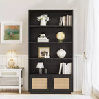 5-Tier Wooden Bookcase with Rattan Doors - 63 Tall Boho Bookshelf with Storage Natural Wood & Woven Rattan