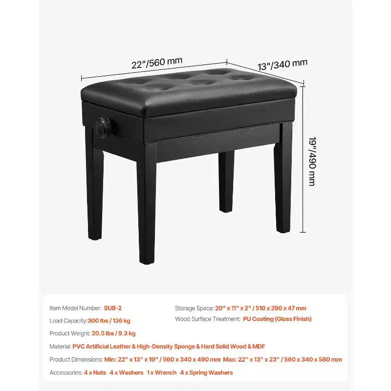Panca per pianoforte VEVOR, 55,88 x 33,02 x 49,02 cm, sedia per pianoforte con tastiera, altezza regolabile da 49 a 57,9 cm, cuscino imbottito, vano portaoggetti, nero